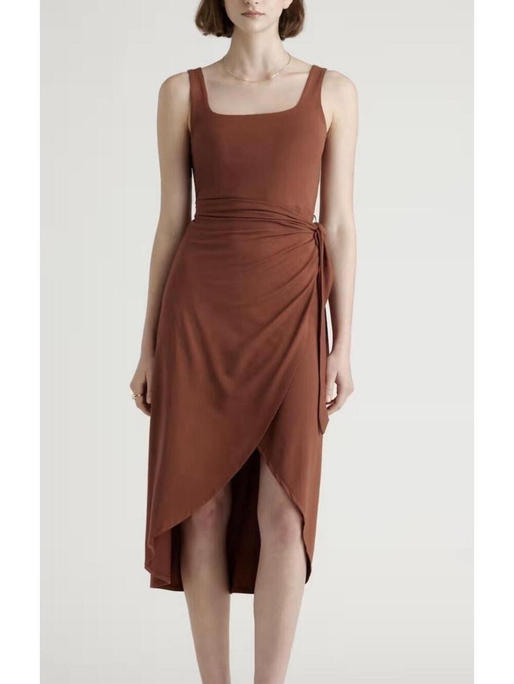 Quince Chocolate Brown Quiet Luxury Tencel Jersey Side Tie Midi Dress Size M